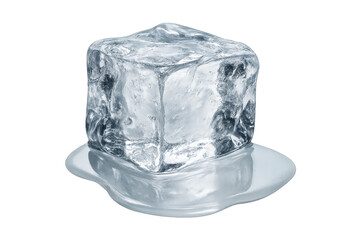Obraz premium A single clear ice cube melting into a small puddle on a transparent background, showing translucent crystalline texture and glossy reflections