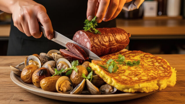 Smoked Sausage Slicing Over Traditional Curanto With Clams And Milcao