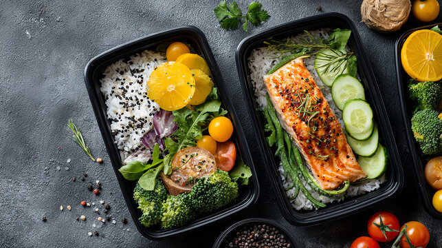 Delicious healthy meal prep with salmon, rice, and assorted vegetables presented in black containers.