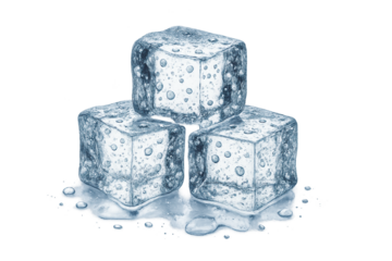 Three clear blue-tinted ice cubes stacked with water droplets and a melting puddle on a transparent background, showing condensation and glossy icy texture