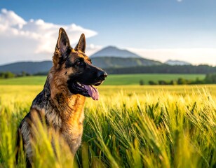 A majestic German Shepherd basks in golden hour, amidst a wheat field with a distant mountain backdrop. The dog is alert and focused