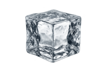 Close-up realistic clear ice cube isolated on a transparent background, showing transparent textures and reflective surfaces