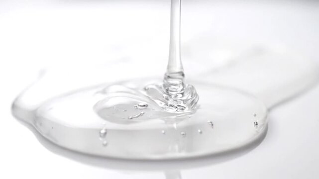 Clear viscous liquid pours from above, creating ripples and bubbles on a white surface