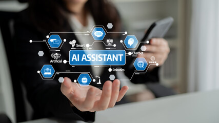 A close-up image of hands presenting an AI assistant interface featuring various technology icons. This visual representation showcases innovation in digital communication and interaction. Tessel
