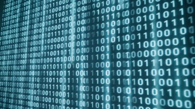 Blue binary code on black background, digital data stream, technology and future concept
