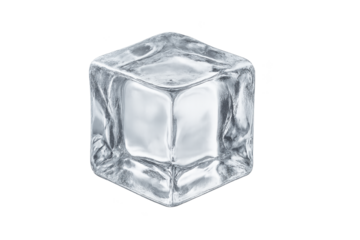 Close-up of a single clear ice cube isolated on a transparent background, showing transparent frozen water with smooth faceted surfaces
