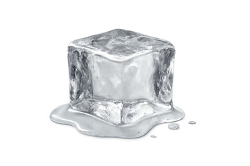 Single melting ice cube with clear crystalline texture and small water puddle on a transparent background, realistic studio close-up