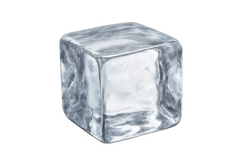 Obraz premium Single clear ice cube on a transparent background with glossy transparent surfaces, subtle refraction and melting details conveying cold, freshness and refreshment