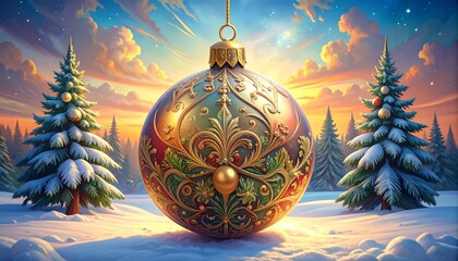 A large, ornate Christmas bauble, adorned with detailed patterns, hangs suspended between snow-covered evergreens at dusk