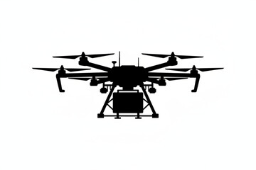 Aerial View Technology: A sleek silhouette of a drone, with multiple propellers and a payload compartment, stands out against a backdrop. Representing modern aerial technology and innovation.