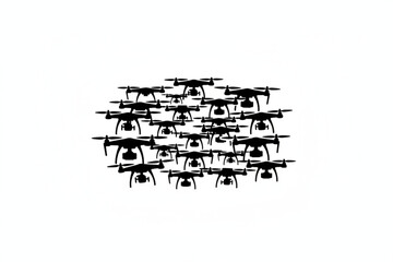 Fototapeta premium Drone Formation: A squadron of unmanned aerial vehicles, elegantly arrayed in perfect alignment, ascends, highlighting technological prowess and innovation. 