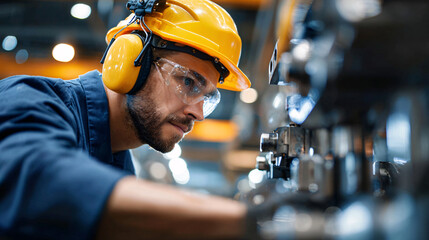 Worker in safety gear operating machinery in an industrial environment.