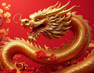 A majestic golden dragon with intricate details coils against a vibrant red backdrop adorned with floral elements
