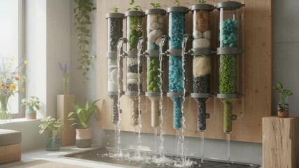 Medium shot of flowing clean water passing through a biomaterial filtration system in an ecoconscious home