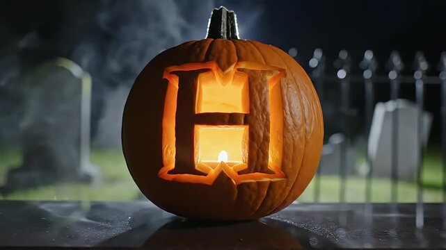 Lit Jack-o -Lantern with Initial H Glowing in a Spooky Cemetery at Night - Halloween Celebration and Festive Autumn Decor Concept