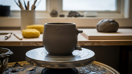 A potter shapes a clay mug on a spinning pottery wheel in a studio