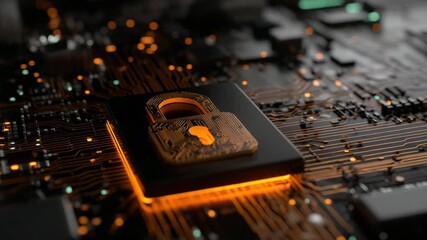 Secure padlock icon glowing on circuit board symbolizing data protection and cybersecurity with encryption microchip and orange light evoking network security and digital vigilance