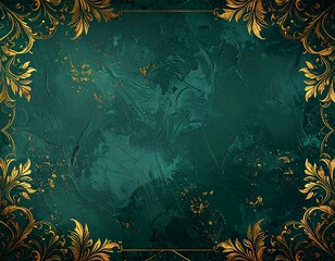 A luxurious deep teal-colored backdrop is adorned with intricate gold floral corner motifs, creating a regal and elegant frame