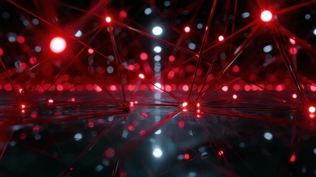 Red network lights glowing reflective surface with bokeh and abstract connection nodes creating dynamic energy Red LED network of glowing nodes and reflective surface abstract technology mood
