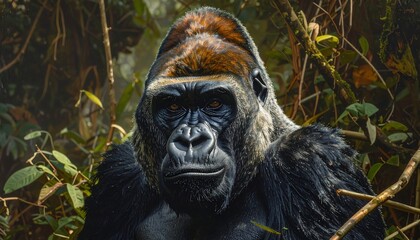 Obraz premium A majestic gorilla stares intensely forward from within a lush, green forest setting, showcasing striking fur detail