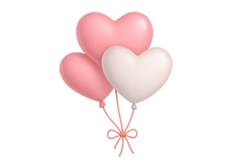 Three glossy heart-shaped balloons in pink and cream tied with a ribbon bow, isolated on a transparent background, a romantic party or valentine decoration