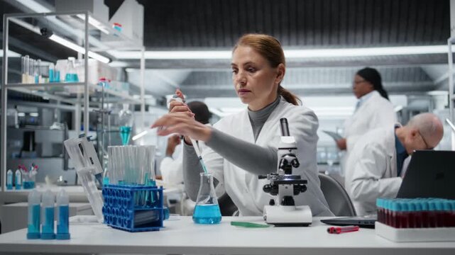 Molecular biologist pipetting reactant into blue solution for purity analysis. Middle aged woman adding liquid agent to test tube to observe chemical reaction properties, camera A
