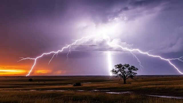 Dramatic lightning storm over open field with lone tree at sunset