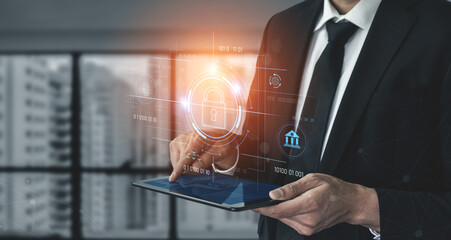 Cybersecurity system interface with biometric lock and data protection. Cybersecurity protects access, identity, cyber security prevents threats, and cyber security supports digital systems. Vouch