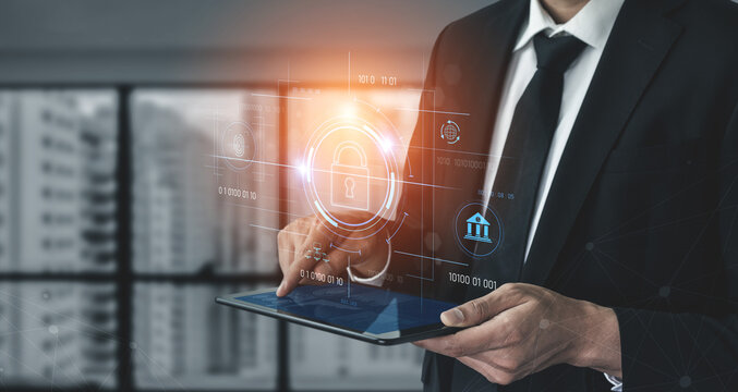 Cybersecurity system interface with biometric lock and data protection. Cybersecurity protects access, identity, cyber security prevents threats, and cyber security supports digital systems. Vouch - Powered by Adobe