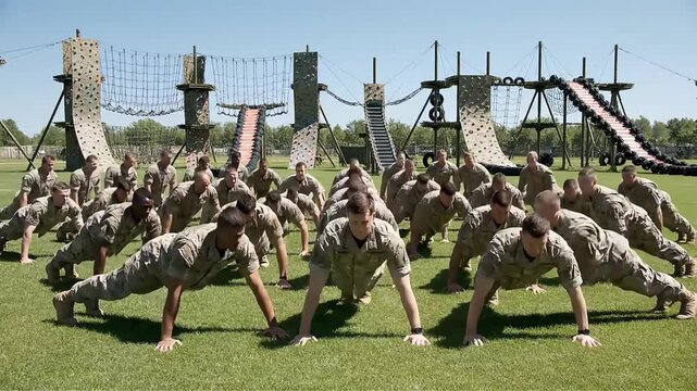Military Cadets Perform Push-Ups During Intense Outdoor Physical Training Exercise on a Sunny Day at an Obstacle Course