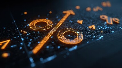Abstract digital composition featuring glowing orange percentage symbol surrounded by data points and arrows on a dark background