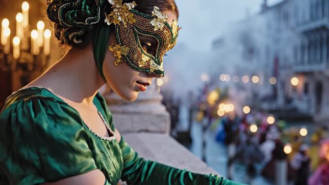 Graceful lady in a green dress and ornate mask, pensive mood, observing the Venetian carnival from above, zoom effect, video concept