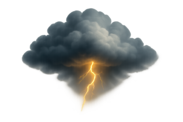 A dark cumulonimbus storm cloud isolated on a transparent background with a bright yellow lightning bolt striking below, dramatic lighting and realistic atmospheric detail
