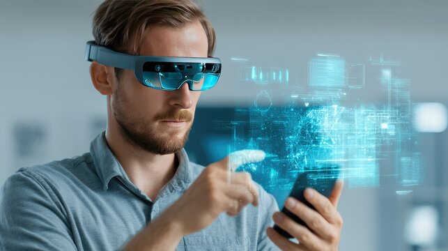 Man Using Smartphone While Wearing Augmented Reality Glasses with Digital Interface Display in Modern Setting
