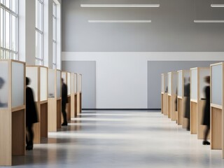People casting their votes in a row of semi-transparent polling booths at a brightly lit election station. The image captures the democratic process with individuals silhouetted in privacy.