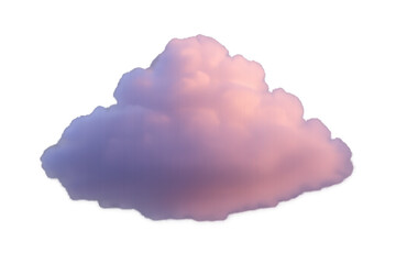 A single fluffy cumulus cloud in pink and purple pastel tones, isolated on a transparent background, evoking a dreamy, soft, whimsical mood
