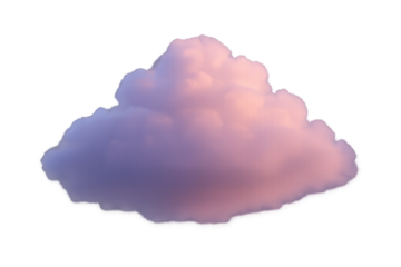 A single fluffy cumulus cloud in pink and purple pastel tones, isolated on a transparent background, evoking a dreamy, soft, whimsical mood