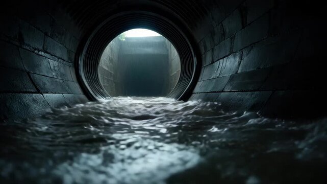 Stormwater drain tunnel with rushing floodwater and light outlet reflecting wet concrete. stormwater rushing through dark concrete drainage tunnel toward illuminated outfall conveying urgency