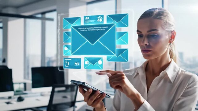 Businesswoman interacting with futuristic email interface in modern office