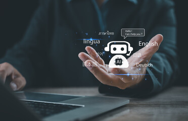 Artificial intelligence chatbot providing multilingual communication and language translation support on digital interface, representing global customer service, AI assistant technology, international