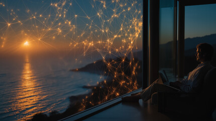 Horizon Gazing: A person sits at window with a futuristic digital overlay overlooking a scenic view of ocean under the warm embrace of the setting sun, where the skyline meets the horizon.