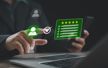 Business user selecting verified customer profile with five star rating and approval checkmark on digital interface, representing customer satisfaction, service quality evaluation, trust, and user fee