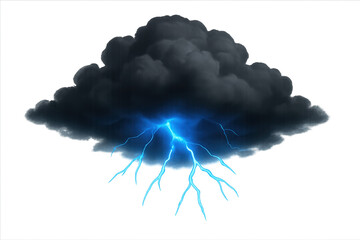 Dark storm cloud with vivid blue lightning bolts striking downward against a transparent background