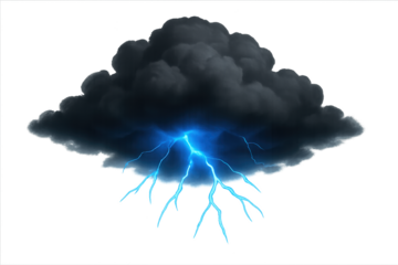 Dark storm cloud with vivid blue lightning bolts striking downward against a transparent background