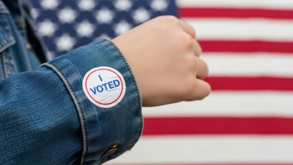 Close-up of a person wearing an "I Voted" sticker with the American flag background. Great for social media campaigns, civic duty articles, election day news, and voting awareness ads.