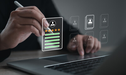User selecting a verified profile with five star rating on digital interface, representing customer feedback, satisfaction measurement, service quality review, trusted evaluation system, and modern us
