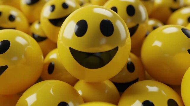 A cluster of yellow smiley faces with varied expressions, centered around a prominent smiling face