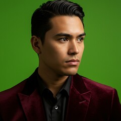 A handsome person gazes towards the light, wearing a coat against a vibrant green backdrop.