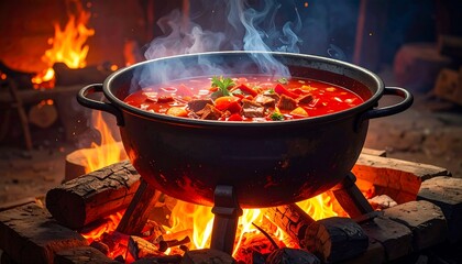 A large pot of stew simmers over a roaring campfire, with flames and smoke adding atmosphere to the rustic scene
