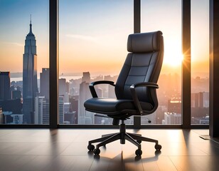A luxurious leather chair sits before a grand window with a stunning cityscape backdrop at sunset. The high-rise building suggests an office